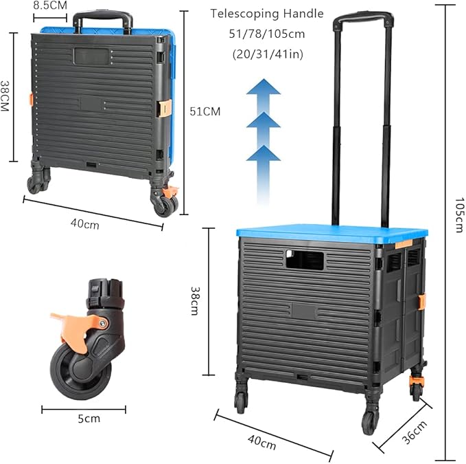 FELICON SELORSS Foldable Utility Cart Folding Portable Rolling Crate Handcart with Heavy Duty Telescoping Handle Collapsible 4 Rotate Wheels for Travel Shopping Move Luggage Office Use(Black+Blue)