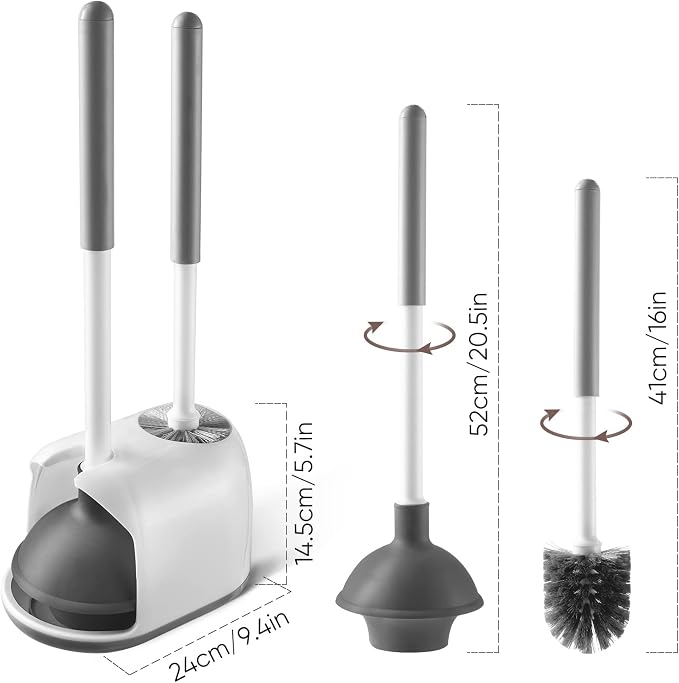 Eyliden Toilet Plunger and Brush Set, 2-in-1 Compact Holder, White | Unclogs Toilets, Deep Cleans Bowls, Nylon Bristles, Rubber Cup, Durable Plastic Caddy, Space-Saver, Bathroom Cleaning Tools