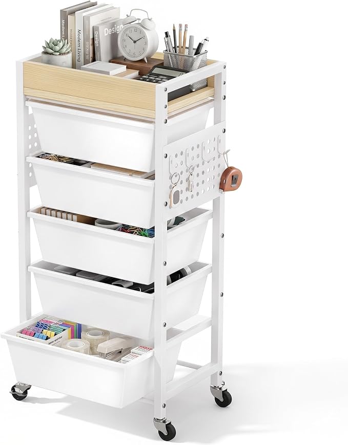 6 Tier Rolling Cart with Drawers, Plastic Drawer Storage Craft Cart with Pegboards & Hooks, Metal Utility Cart with Wheels & Wooden Tabletop, Classroom Office Art Supply Organizers and Storage, White