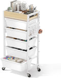 6 Tier Rolling Cart with Drawers, Plastic Drawer Storage Craft Cart with Pegboards & Hooks, Metal Utility Cart with Wheels & Wooden Tabletop, Classroom Office Art Supply Organizers and Storage, White