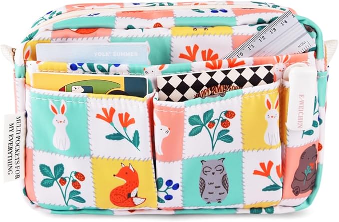 E-WEICHEN Multiple Pockets Portfolio Organizer with Zippered, Makeup Bag Travel Essentials for Women, Simple Waterproof Stationery Pencil Pouch Bag for Journal Office Art Supplies.Grid Cloth