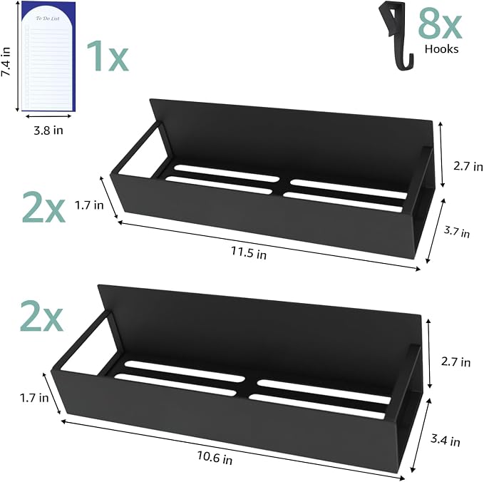 Metal Magnetic Spice Rack for Refrigerator – 4 Pack Strong Magnet Organizer Shelves with Notepad – Black Heavy-Duty Spice Storage for Kitchen, Pantry, Laundry, Apartment, RV