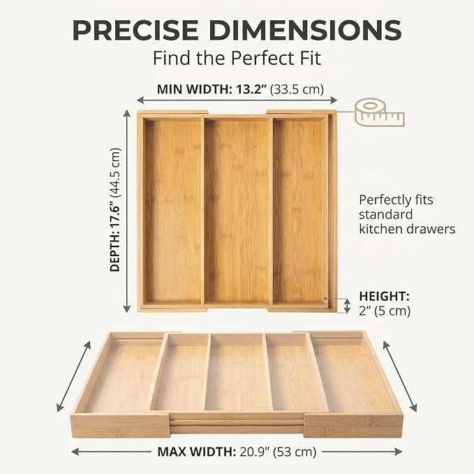 FUSHITON Expandable Bamboo Drawer Organizer, Adjustable Utensil Tray for Knives and Cutlery, Natural Wood Silverware Organizer for Kitchen, Bathroom