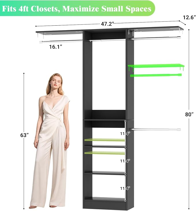 Besiost 48" Closet Organizer System, 4FT Closet System for Small Closets with 4 Hanging Rods & 3 Shelves, 80"H Small Closet Organizers and Storage for Bedrooms, Cloakrooms, Black