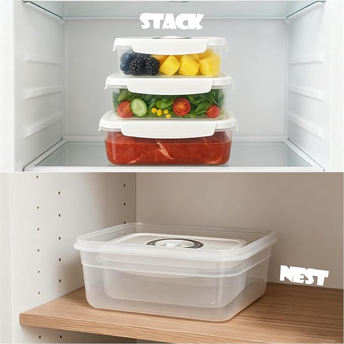 VICARKO 3 PCS Stackable Vacuum Food Storage Containers Set with Hand Pump | Keep Food Fresh Up to 5X Longer, 17 oz/ 34 oz/ 68 oz, White, BPA-Free, Airtight, Leakproof, Date Tracker, Seal Meal Saver
