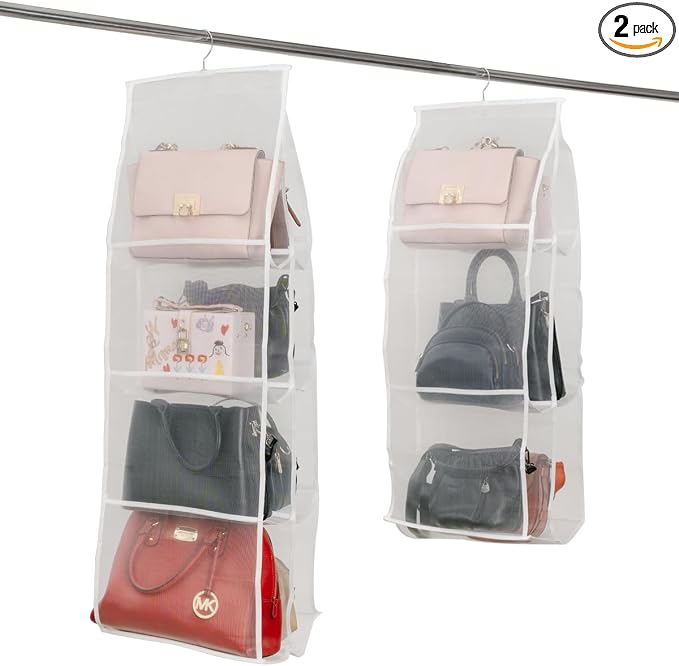 Hanging Purse Organizer for Closet Handbags Storage 2 Pack 8 Pockets and 6 Pockets Purse Organizer with Metal Hooks - White Nylon