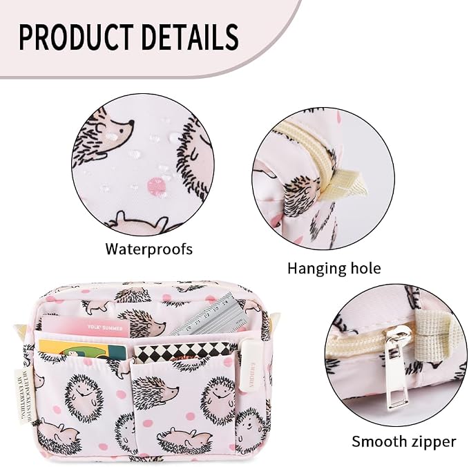 E-WEICHEN Multiple Pockets Portfolio Organizer with Zippered, Makeup Bag Travel Essentials for Women, Simple Waterproof Stationery Pencil Pouch Bag for Journal Office Art Supplies.Pink Hedgehog