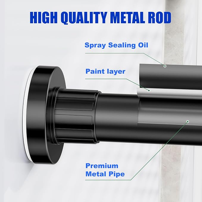Ausemku Shower Curtain Rod 32-65 Inch Adjustable - 1 Inch Diameter Heavy Duty No drill Spring Tension Shower Rod, Non-Slip Rustproof Telescopic Rod for Bathroom, Black