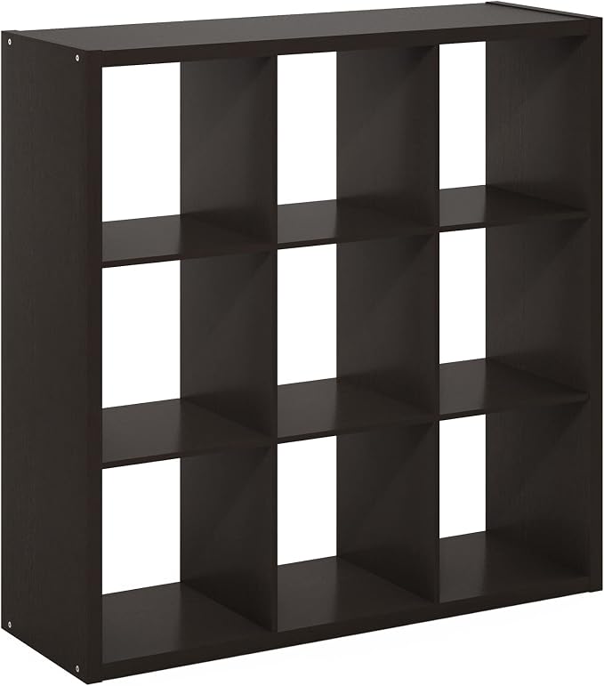 Furinno CUBICLE 9-Cube Book Shelf, Extra Thick Frame Bookshelf, Dark Oak | 14.6" x 44" x 44", Reversible Bookcase with Open Back, for Living Room, Bedroom, Home Office