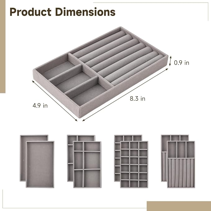 Homaisson Jewelry Drawer Organizer, Velvet Jewelry Tray, Multiple Compartment Layout, Set of 4 Jewelry Organizer for Rings, Earrings, Bracelets, Necklaces (Grey)