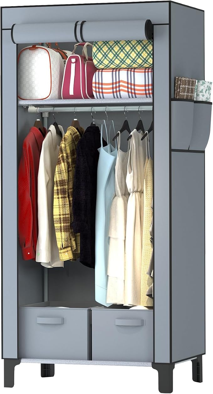 Portable Closet Wardrobe Closet for Hanging Clothes with 3 Hanging Rods for Bedroom, Non-Woven Fabric Clothes Closet for Living Room Easy Assemble (Gray, 2 Columns, 23.2 inch Width)