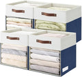 Bagnizer Storage Cubes, 4 Pack Linen Foldable Storage Bins (13 x 13 inch) with Clear Window and Handles, Fabric Organizer for Shelf Closet, Clothes, Books - (Navy Blue and White)
