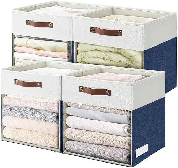Bagnizer Storage Cubes, 4 Pack Linen Foldable Storage Bins (13 x 13 inch) with Clear Window and Handles, Fabric Organizer for Shelf Closet, Clothes, Books - (Navy Blue and White)