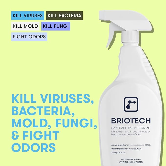 BRIOTECH Sanitizer Disinfectant Hypochlorous Spray, Kill 99.99% of Viruses & Bacteria, Control Mold, Eliminate Odor, Gentle for Nursery & Play Rooms, Food Contact Surface Sanitizer, 8.5 fl oz