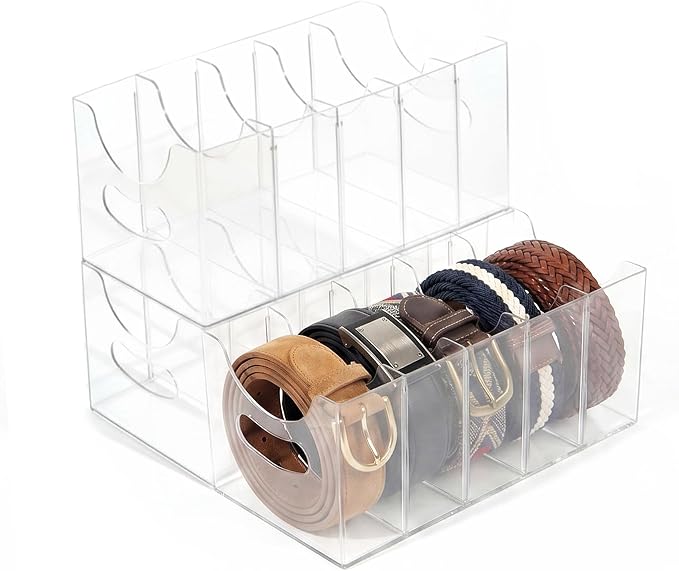 Belt storage Organizer for Closet with Removable Dividers - 5 Compartments & Handles Drawer organization and storage for underwear, Socks, and Bow Ties Acrylic Belt Organizers (3pack)