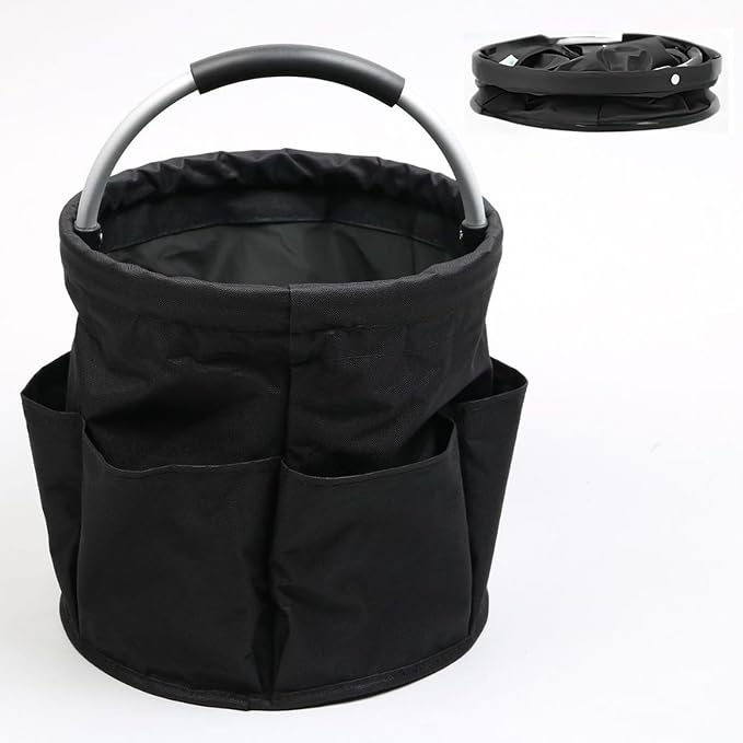 17L Foldable Cleaning Caddy with Handle, Cleaning Supplies Organizer Storage Basket with 6 Side Pockets, Portable Multi Cleaning Bucket Bag for Home Garden Bathroom Camping (Black)