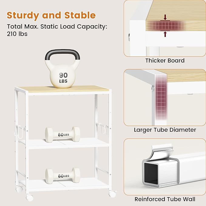 3-Tier Microwave Stand, Kitchen Microwave Cart with Adjustable Shelf | Rolling Kitchen Storage Cart on Lockable Wheels, Coffee Cart Shelf Rack Organizer for Kitchen, Living Room, Balcony, White