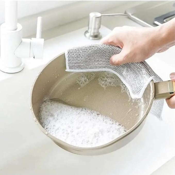 Wire Dishwashing Rag, Multipurpose Wire Miracle Cleaning Cloths for Wet and Dry, Non-Scratch Wire Dishcloth for Pots,Sinks,Stove Tops,5pcs, Sliver Grey