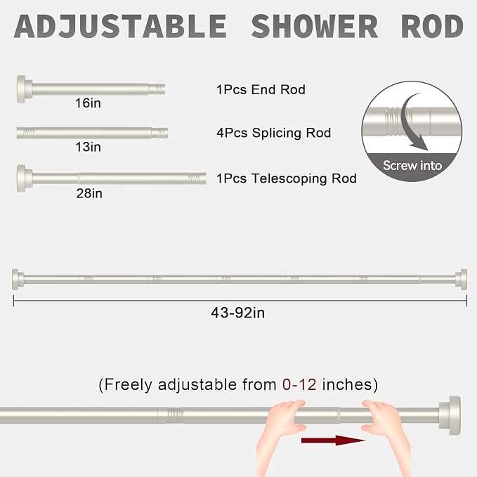 Thestoa Brushed Nickel Shower Curtain Rod Adjustable 43-92 inch, 1"Diameter Spring Tension Curtain Rod No Drill, Anti-Rust Non-Slip Shower Rod for Bathroom Tension Rod