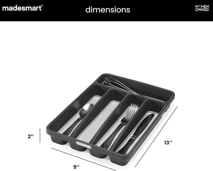 madesmart Small Silverware Tray, 5 Compartment Flatware Organizer for Forks, Knives & Spoons, Non Slip, Soft Grip Lining, Fits Small Drawers, Granite