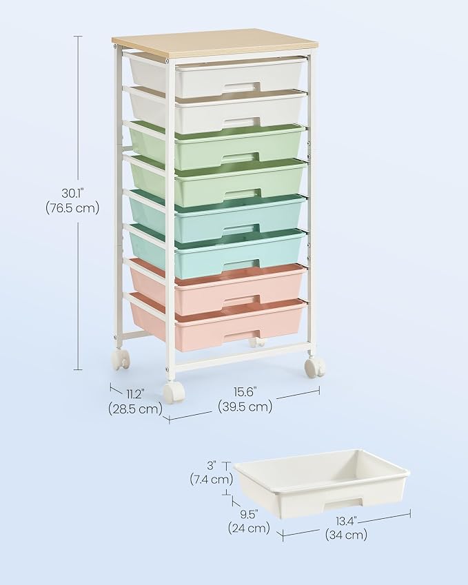 VASAGLE 8-Drawer Rolling Storage Cart, Utility Cart with Wheels and Wood Top, Craft Organizer for Office and Home, 15.6 x 11.2 x 30.1 inch, Multicolor, BENCO Collection ULRC006X101