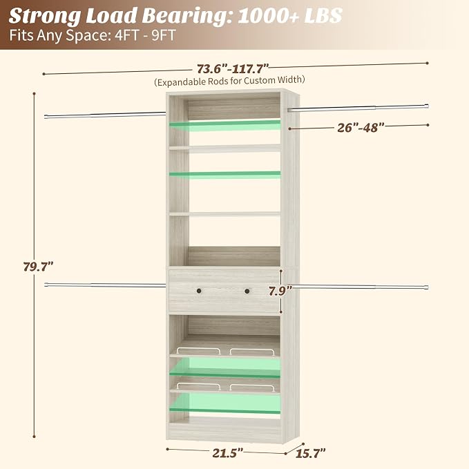 Armocity Wood Closet Organizer System - 4FT-9FT Expandable Wardrobe Closet with Drawer & 4 Hanging Rods, Heavy Duty Walk-in Closet 1000Lbs for Bedroom Walk-in Closet, White Oak