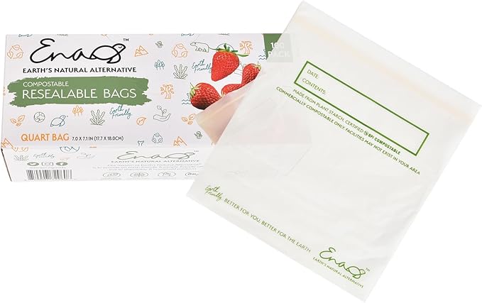 100% Compostable Food Storage Bags [Quart 100 Pack] Eco-Friendly Freezer Bags, Resealable Bags, Heavy-Duty, Reusable, Off-White by Earth's Natural Alternative | Compostable