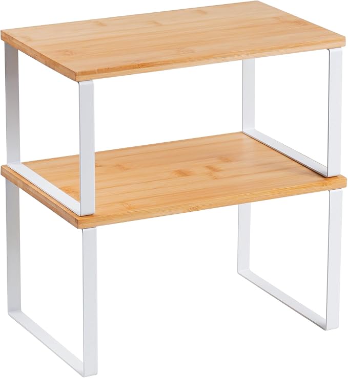 Kitchen Cabinet Organizer Shelf, Set of 2 Stackable Counter Shelves, Small Wood Cabinet Riser Shelf for Pantry Cupboard Spice Dish Mug Cup, Expandable, Metal Engineered Wood (Beige & White, 11.7''W)