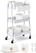 3-Tier Rolling Utility Cart with 4 Woven Baskets, Diaper Book Snack Cart, Storage Organizer for Nursery, Kitchen, Craft Room, Home SPA, Living Room, Metal Frame Trolley on Lockable Wheels, White