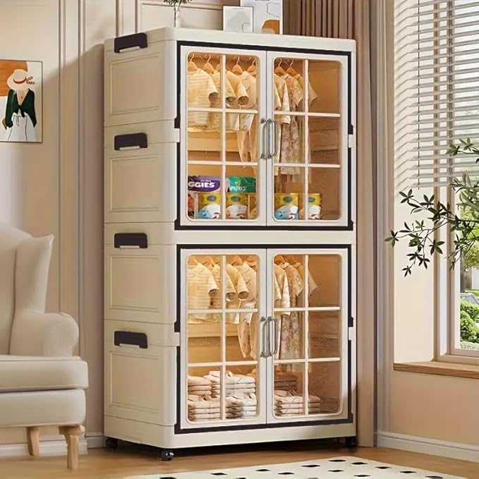 SunSettler Large Collapsible Plastic Storage Bins with Lid, Stackable Cabinets with Wheels, Folding Storage Cabinets, Stackable Closet Organizers for Home and Office