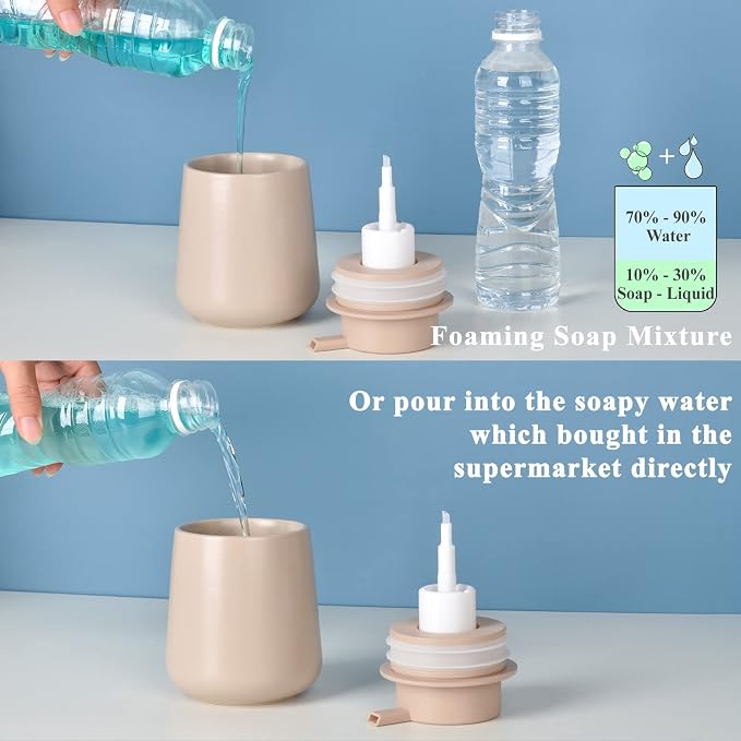 Bosilunlife 12Oz Ceramic Foam Soap Dispenser for Bathroom Kitchen Counter | Premium countertop foam pump creates delicate dense foam, stable desktop placement, Khaki