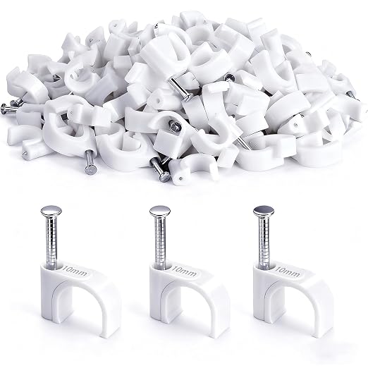 100PCS Cable Staples,10mm Cable Clips White,Cable Wire Clips Nail in Clips for Round Ethernet Cables Wall Clips Cable Tacks Electrical Wire TV Cable Speaker Wire Coax Clips (100Pcs 10mm)
