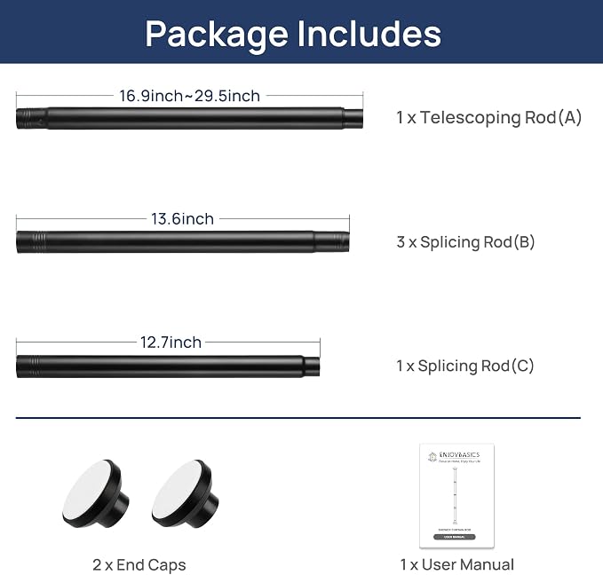 ENJOYBASICS Matte Black Shower Curtain Rod 30 to 76 Inches, Stainless Steel Adjustable Spring Tension Rods No Drill for Bathroom, Closet, Window, Room Divider, Never Rust, Non Slip