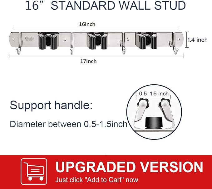 IMILLET 2 Pack Broom and Mop Holder Wall Mounted, Stainless Steel Broom Holder Mop Holder Self Adhesive Heavy Duty Hooks Storage Organizer for Home Laundry Room Garden Garage Closet Kitchen