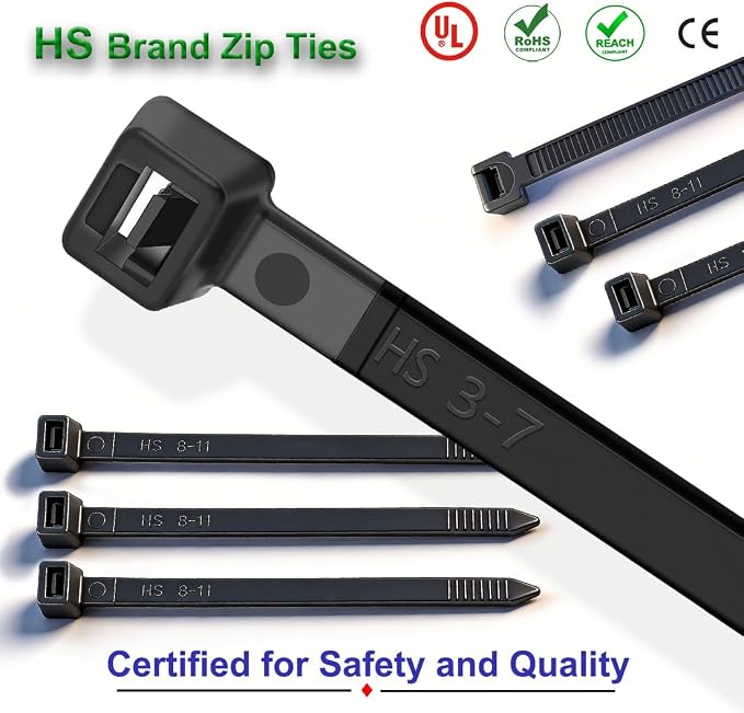 HS Thick Zip Ties 8 Inch x 3/16" (Bulk-500 Count) UV Black Cable Tie | 50 LBS Heavy Duty Self-Locking Strap Zipties for Automotive,Outdoor Fence Purpose