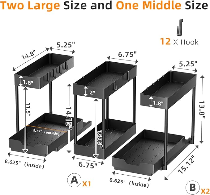 Simple Trending Multi-Purpose Pull-Out Storage Organizers, 2 Tier Under Sink Organizer, Stackable Cabinet Drawers Bins for Kitchen, Bathroom, Closet, Black, 3 Packs