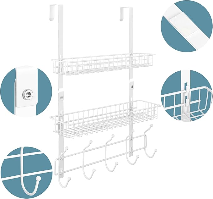 Over The Door Hanger Organizer with 2 Mesh Baskets & 5 Towel Hooks, Detachable Behind The Door Storage Towel Rack for Coats, Hats, Handbags, Easy Install Metal Hanging Hook Coat Rack Shelf, White