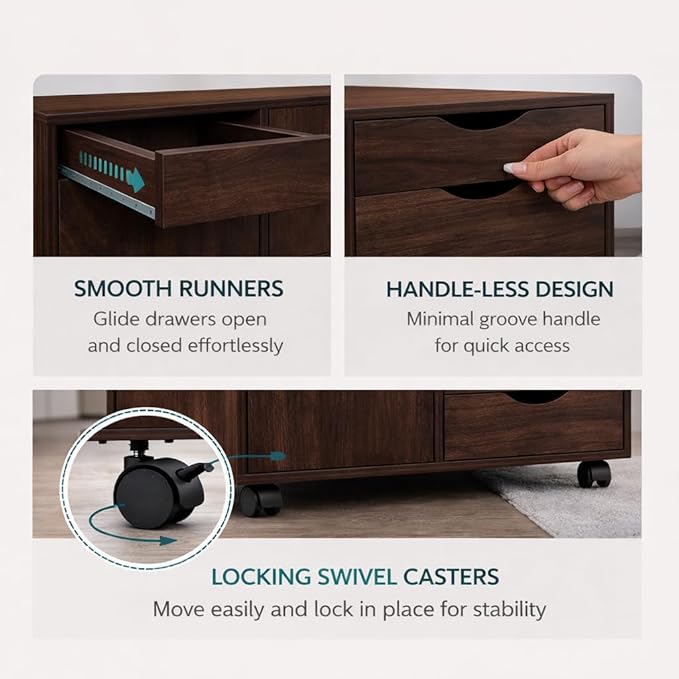 Naomi Home Wooden 5 Drawer Office File Cabinet with Shelves and Wheels, Mobile Storage Cabinet with Drawers for Home Office, Ideal for Under Desk or Printer Stand Use in Brown Oak