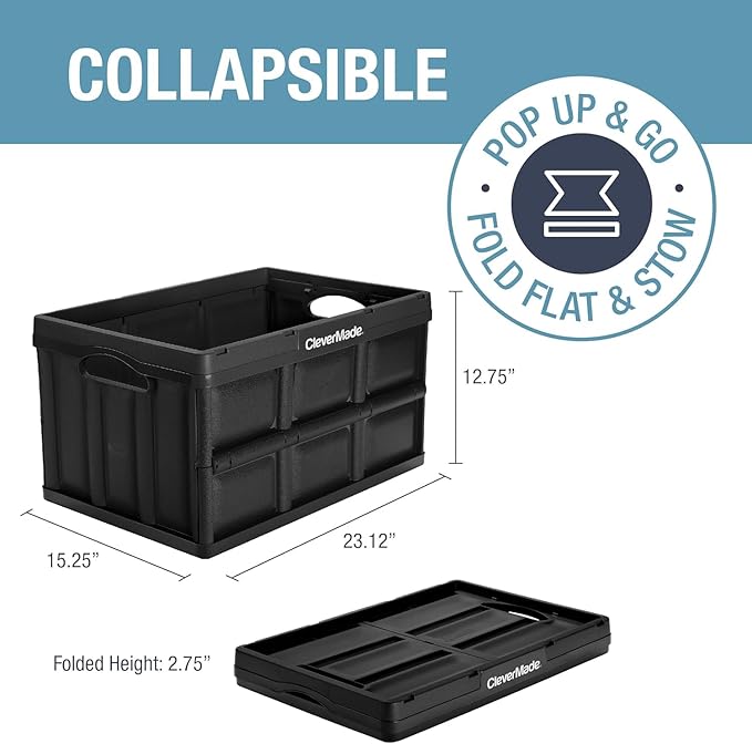 CleverMade Collapsible Storage Bins 62L (3-Pack) – Heavy Duty Collapsible Plastic Storage Bins, Large Stackable Folding Storage Bins for Garage, Car, Grocery & Home Organization - Obsidian