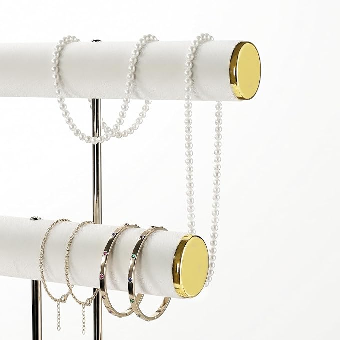 2 Tier Jewelry Organizer Stand,Velvet Tabletop Necklace and Bracelet Hanging Organizer Holder for Girls and Women,Large Small Jewelry Storage Display Tree Rack for Vendors,Ring and Watch Hanger(Beige)