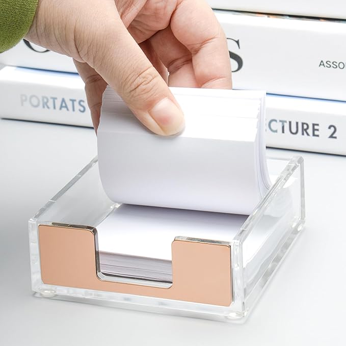 NatSumeBasics Rose Gold Clear Acrylic Sticky Note Holder, Desktop Memo Cube Holder Note Pad Dispenser, Aesthetic Desk & Office Accessories