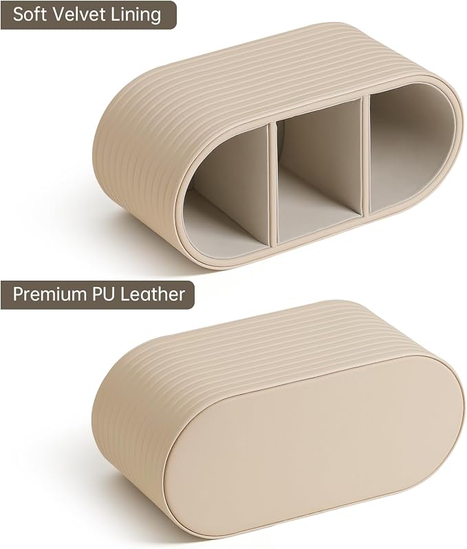 PU Leather Remote Control Holder, Modern Oval Pen Holder for Desk, 3-Compartment Desk Caddy for Remotes, Glasses, Pens, Small Desk Organizer for Nightstand, Coffee Table, Office (Beige)