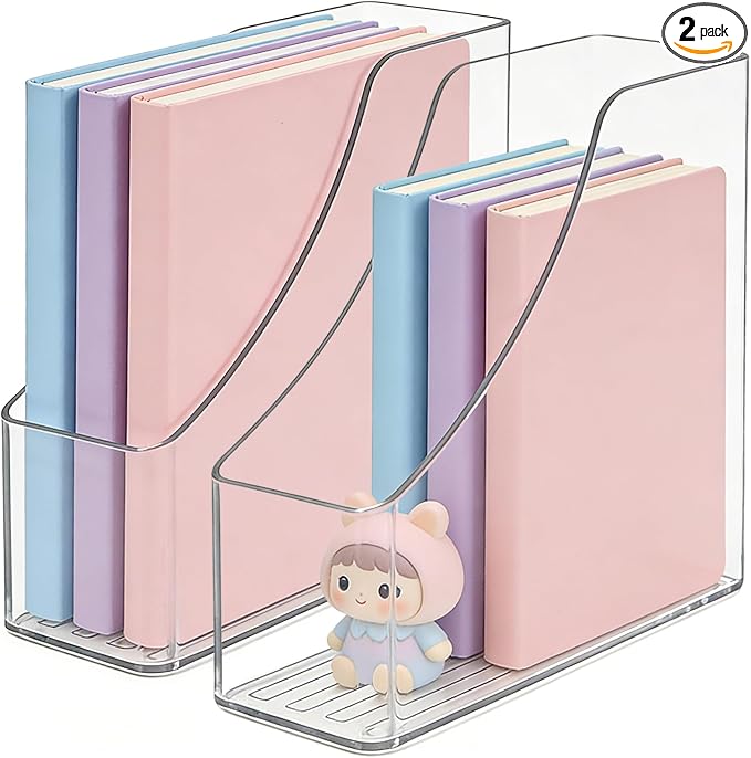 SAYEEC Vertical File Holder Clear Acrylic Magazine Holder Desk File Organizer Multi-purpose Document Organizer Storage Bins Holding for Magazines Binders Notebooks Envelopes Office Supplies (2 Pack)