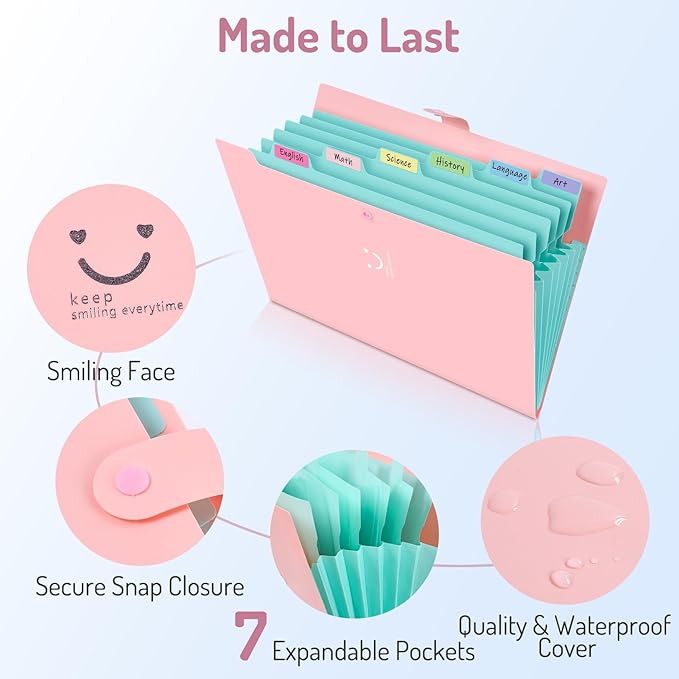 Forvencer Accordion File Organizer, Letter Size, 7 Pocket Expanding File Folder, Cute File Folder with Labels, Portable File Organizer for School Office Supplies, Folders for Documents, Green