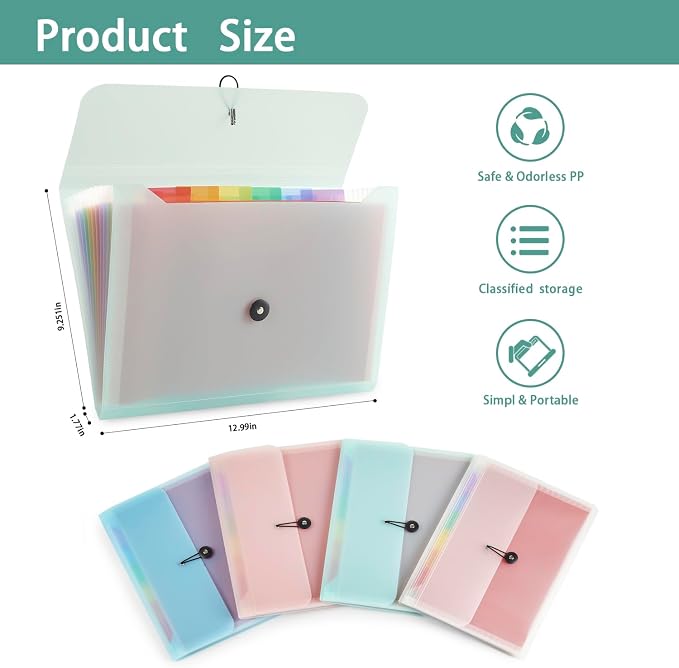 Expanding File Folder File Organizer 13 Pocketsr Accordion Filing Folder for Documents Aesthetic Paper Organizer Folder for Work, School, Home, Office (Transparancy Green)