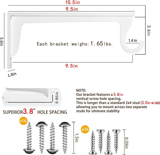 10inch Closet Rod Support Bracket Heavy Duty 400lb/pair (4pack White ) | Easy Installation Closet Shelf Brackets Wall Mounted Closet Shelf & Rod Brackets for Wardrobe Walk-in Closet and Armoire