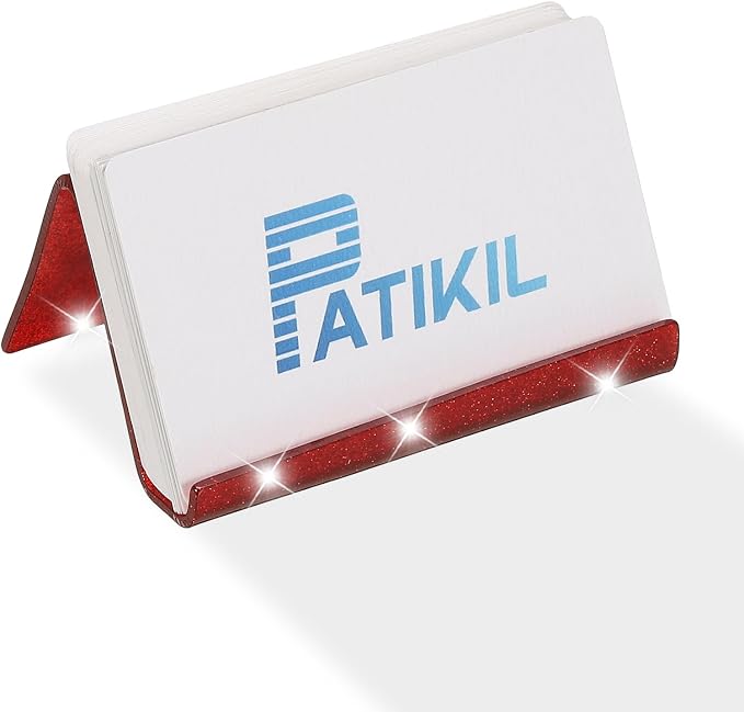 PATIKIL Business Card Holder for Desk, Acrylic Business Card Holders Shine Card Stand Organizer Cards Display for Office Exhibition, Red
