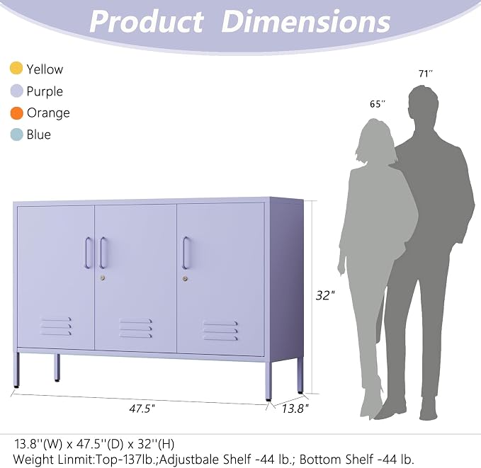 Purple Wide Metal Storage Cabinet, 32" H Heavy Duty Steel Locker with Lock, 2 Adjustable Shelves & Ventilated Doors for Home Office Kitchen Living Room