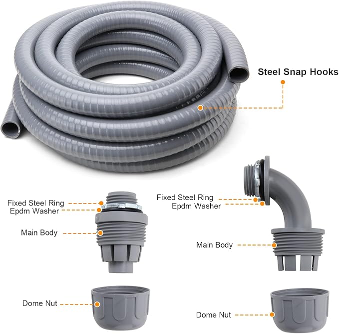 DWALE Liquid-Tight Conduit and Connector Kit,Flexible Non Metallic Liquid Tight Electrical Conduit,1inch25ft Electrical Conduit Kit,with5 Straight and3 Angle Fittings Included,1 in. Dia (25FT)