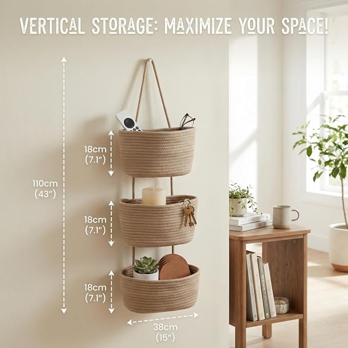 Hanging Wall Basket, Over the Door Hanging Basket with Hooks, Cotton Back of Door Organizer for Living Room, Bedroom, Boho Wall Decor, Toy Storage, Jute